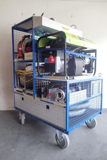 Breite: 860mm
Länge: 1230mm
Höhe: 1670mm
Gewicht 400 kg

Beladung:
1 Notstromaggregat 8.0 kW
1 Kabelrolle 25m, 380 Volt
1 Kabelrollen 50m, 220 Volt
1 Scheinwerfer 500 Watt, mit Stativ
1 Schmutzwasserpumpe "Chiemsee",(2200 lt/min)
1 Tauchpumpe mit Flachabsaugung "Mast K5SA",(330 lt/min)
1 Tauchpumpe "ECM 100-DS",(450 lt/min)
2 Schläuche formfest 75mm
1 Schachtabsaugung
1 Bogen 90°
1 Bogen 45°
1 Druckbrecher
2 Feuerwehrschlauch 75mm
2 Feuerwehrschlauch 55mm
1 Rako-Box 
   (1 Hilfsstrick, 2 Storzschlüssel, 1 Schraubenzieher)
1 Benzinkanister