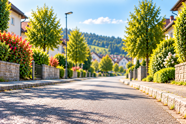 Strasse mit Bäumen und Sträuchern