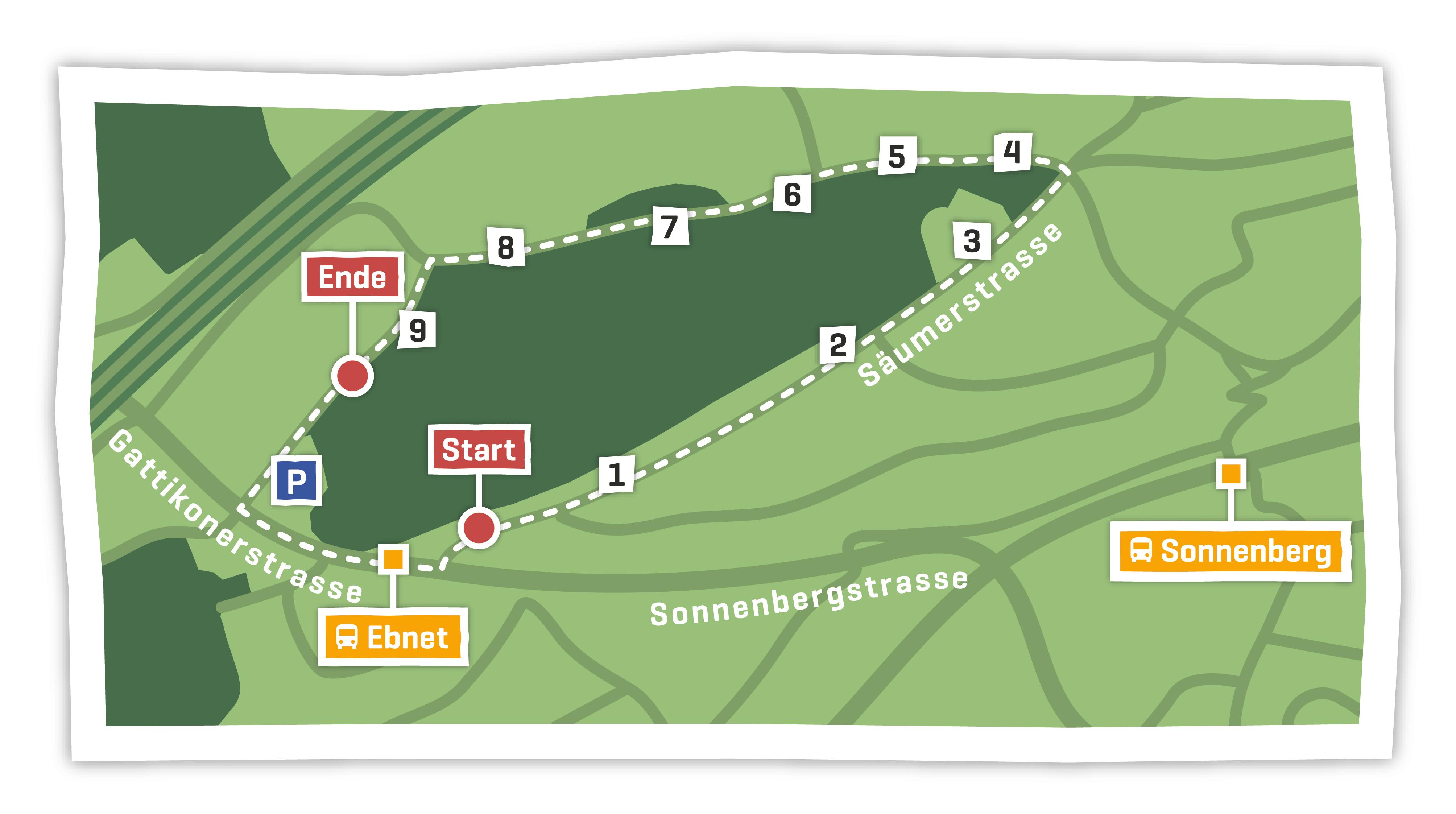 Der Smarttrail führt rund um den Tälegg-Hügel. Ausganspunkt ist die Bushaltestelle Ebnet.