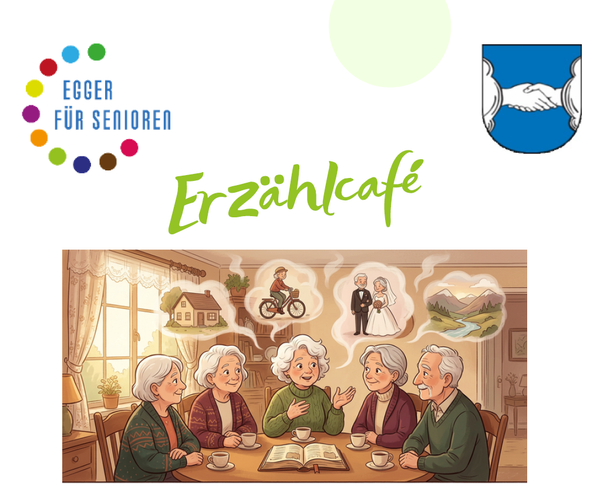 Zeichnung einer Gruppe von Senioren und Seniorinnen, die am Tisch sitzend sich gegenseitig Geschichten erzählen