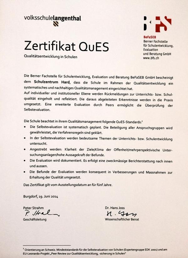 QuES-Zertifikat Schulzentrum Hard