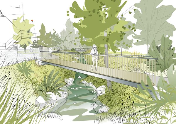 Visualisierung der neuen Brücke über den revitalisierten Sechtbach.