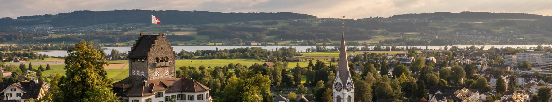 Flugaufnahme der Stadt Uster mit Schloss und reformierter Kirche