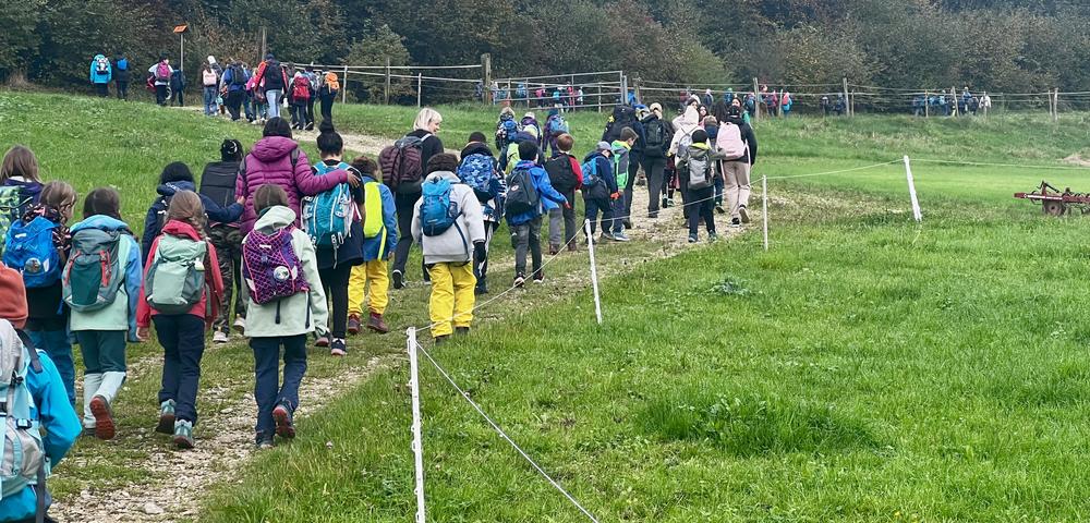 Kinder von hinten, wandern den Berg hoch