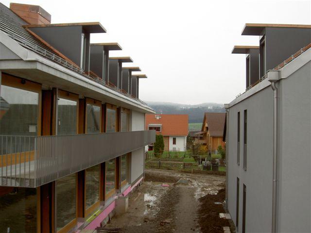 Zwischen Haus "B" und Haus "C". Man beachte den Schnee im Hintergrund, welcher frühmorgens auch das Unterland erreichte; 6. April 2008, 3 Grad!