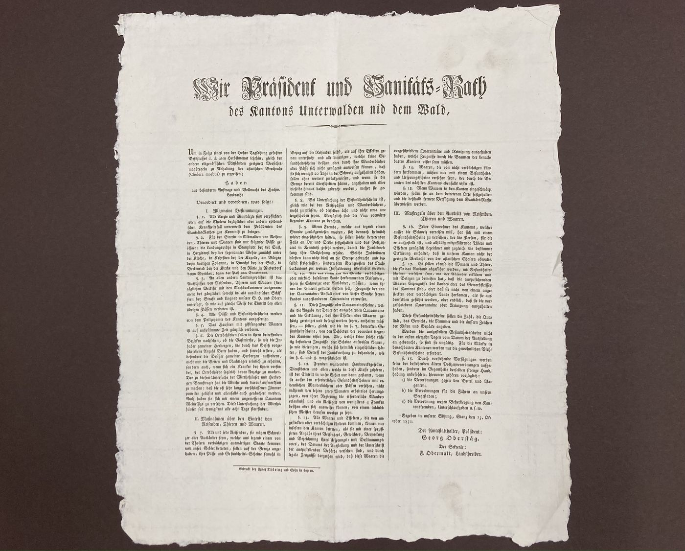 Vorsichtsmassnahmen gegen Cholera 1831