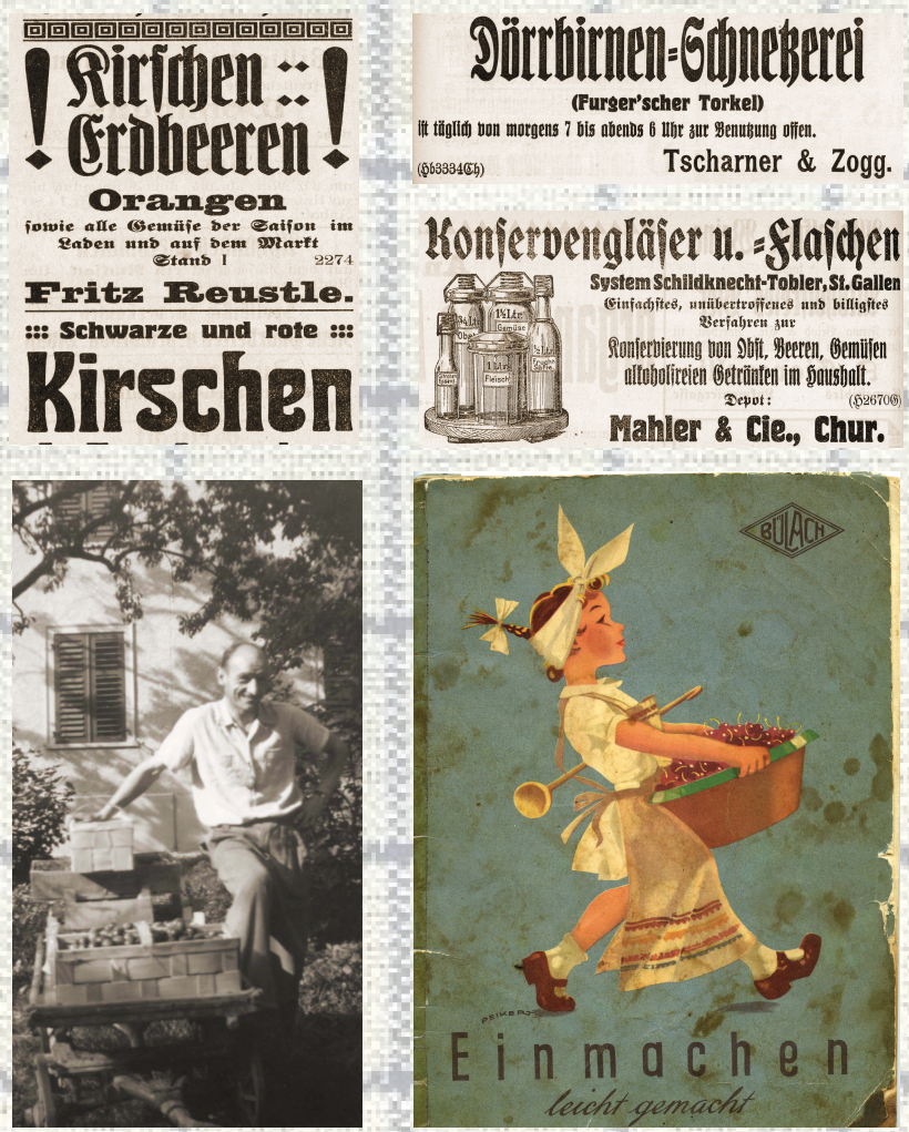 (Oben) Amtsblatt-Inserate für frisches Obst, Konservengläser und -flaschen sowie eine Dörrbirnen-Schnetzerei aus dem Jahr 1910 (Stadtarchiv Chur). (Unten links) Reiche Obsternte um 1950 (Stadtarchiv Chur, N 136.670). (Unten rechts) Titelseite des Kochbuchs der Firma Bülach mit Einmachrezepten, 1952 (Privatbesitz).