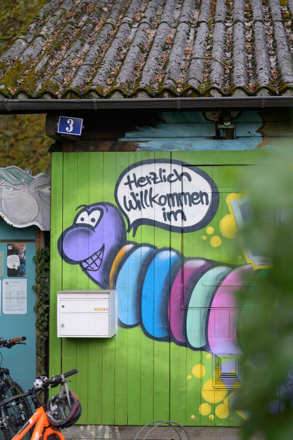 Holzwand mit buntem gemalten Wurm