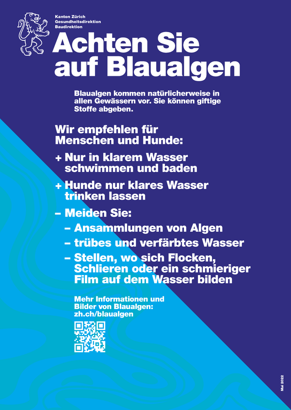 Plakat der Baudirektion mit Verhaltensempfehlungen betreffend Blaualgen