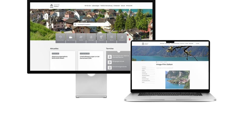 Desktop- und Tablet-Ansicht Webauftritt Gemeinde Sisikon