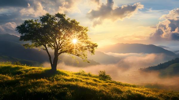 Baum mit untergehender Sonne