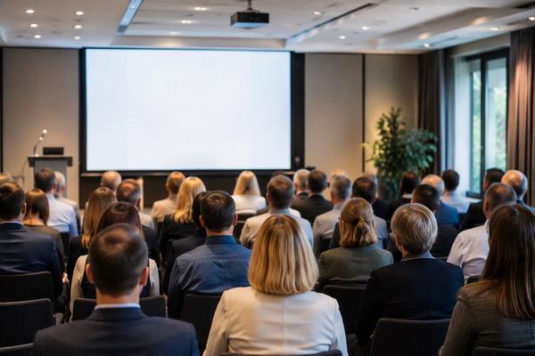 Menschen in einem Saal lauschen einem Vortrag