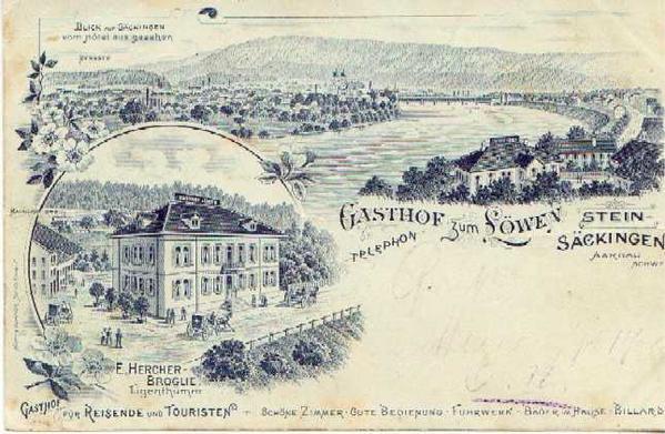 Postkarte des Gasthofes Löwen. Das Gebäude musste dem Autobahnbau weichen.
