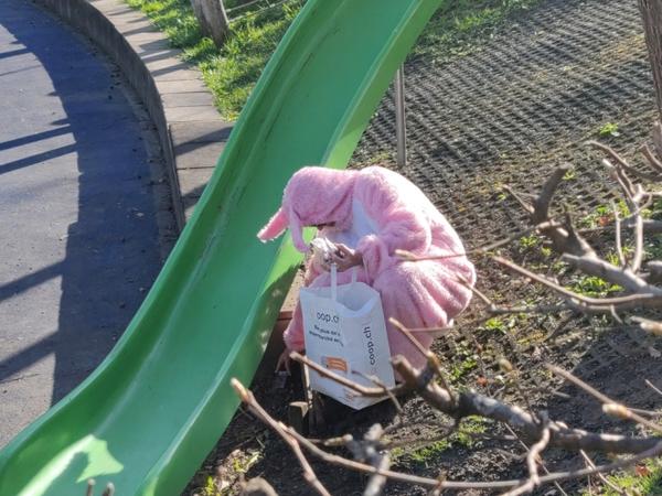 rosaroter Osterhase bei Rutschbahn