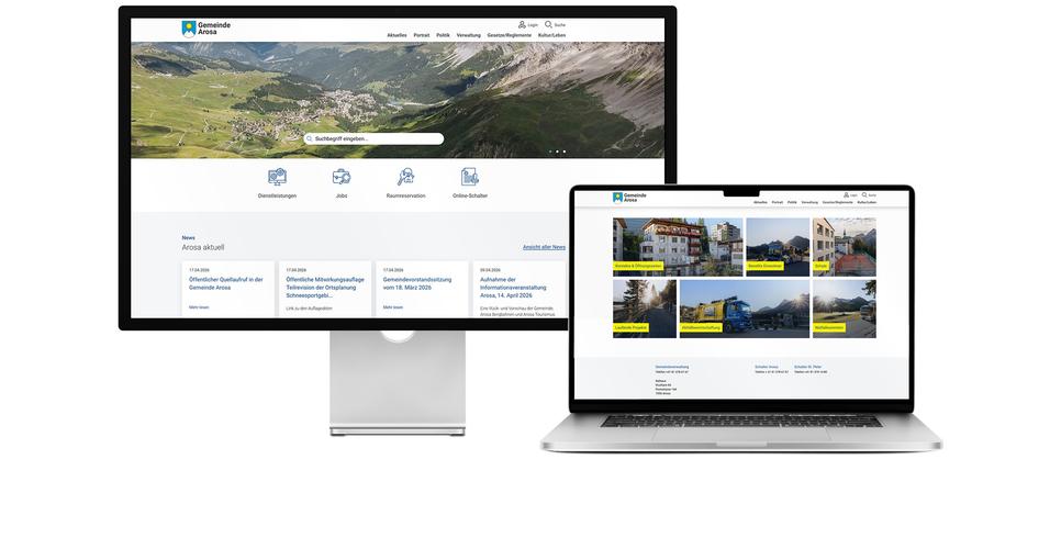 Desktop- und Tablet-Ansicht Webauftritt Gemeinde Arosa