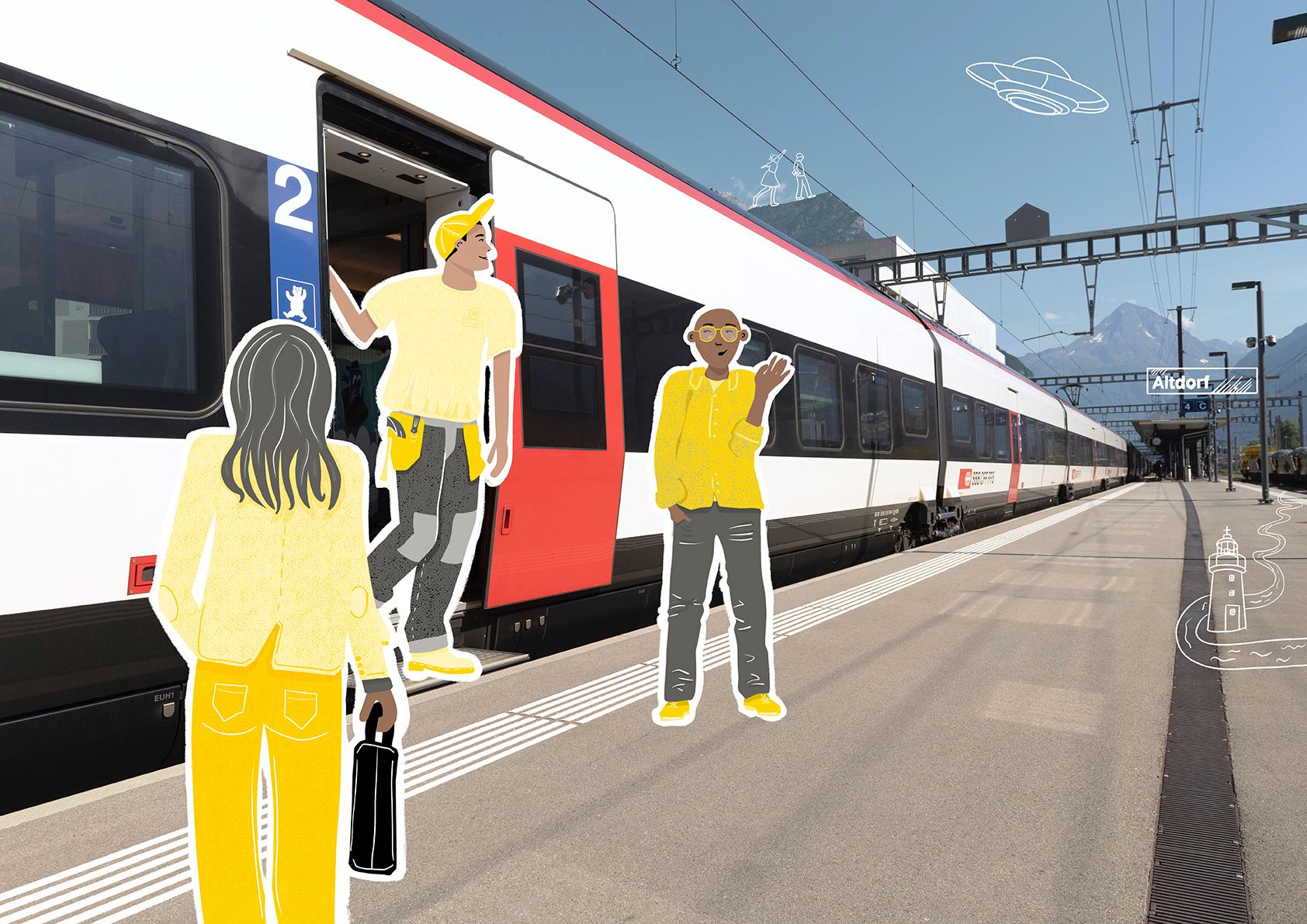 Handwerker und Geschäftsleute bei der Begrüssung auf dem Perron am Kantonsbahnhof (zeigt Verkehr, Tourismus und Innovation)