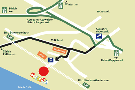 Milandia ist mit dem öffentlichen Verkehr (ÖV) wie auch mit dem Auto gut erreichbar. -ÖV: Bus-Haltestelle Volketswil, Milandia (Bus-Nr. 727) oder 15 Minuten Fussweg ab den SBB-Stationen Nänikon-Greifensee oder Schwerzenbach.
-Auto: In einer Minute ab Autobahnausfahrt Volketswil / Greifensee. Details dazu auf www.milandia.ch 