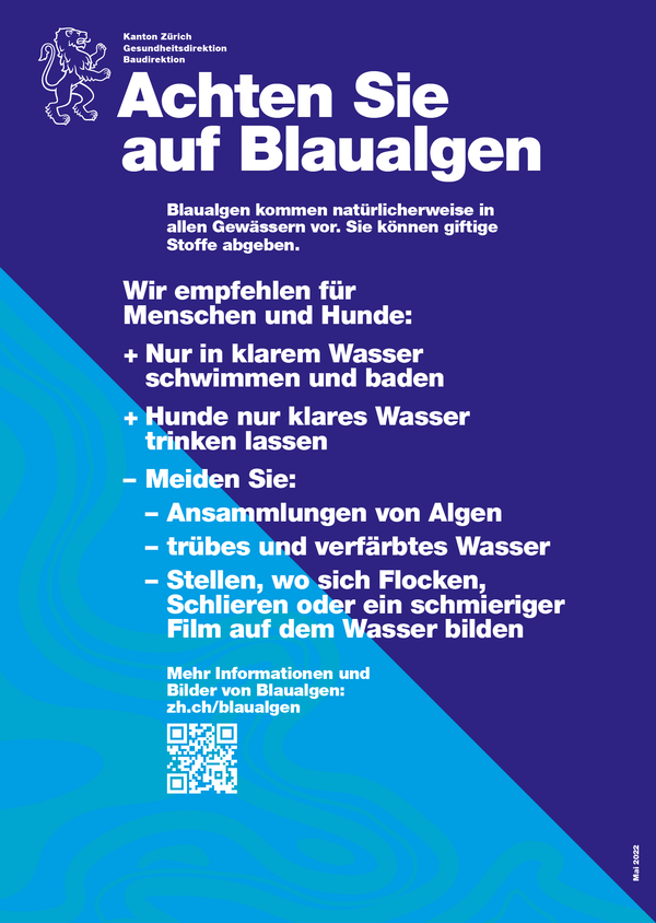 Plakat mit Empfehlungen zu Blaualgen