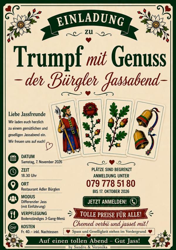 Flyer Trumpf mit Genuss - der Bürgler Jassabend