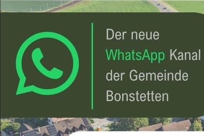 Text: Bonstetten immer dabei (Werbung WhatsApp-Kanal mit Dorf im Hintergrund)