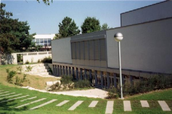 Das Blaue Schulhaus mit angrenzender Arena. Im Hintergrund der Saalbau.

