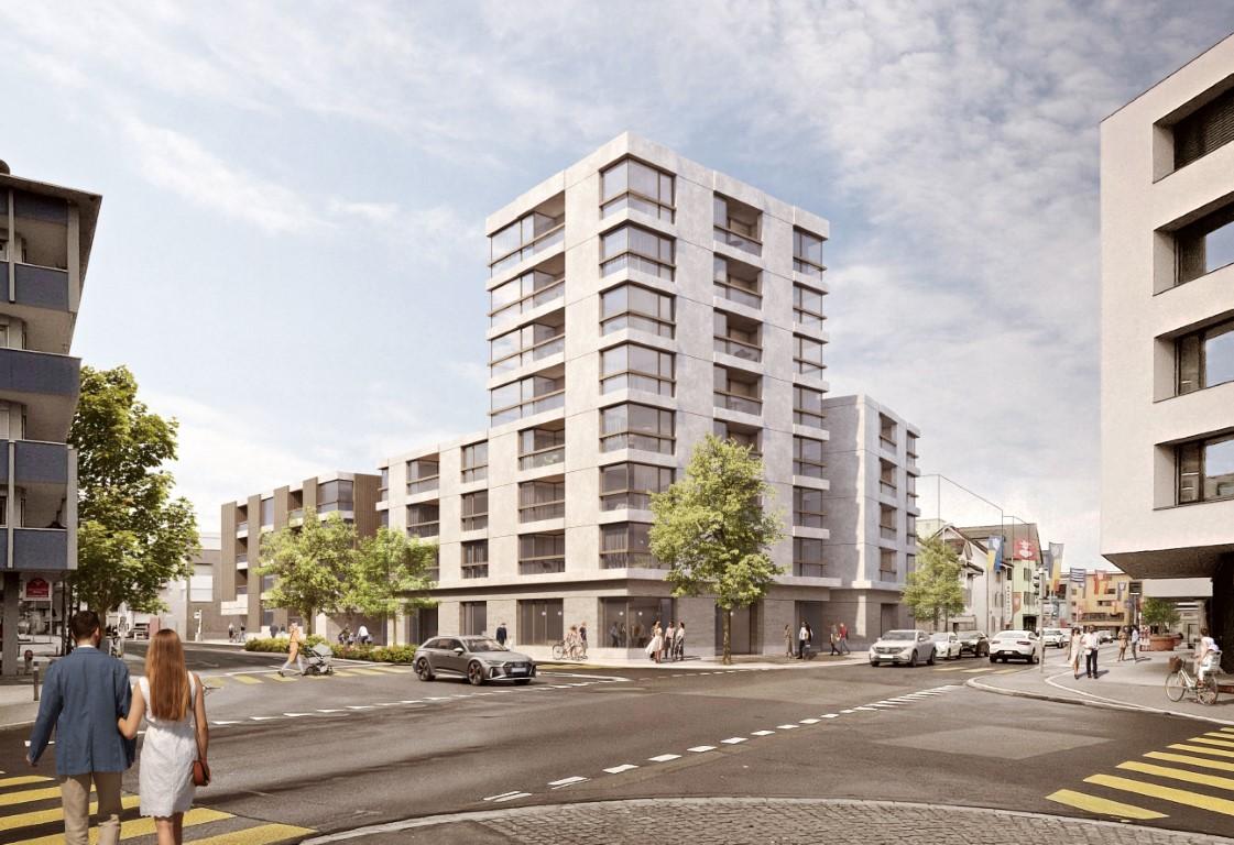 Am Büelplatz ist ein achtgeschossiges Gebäude geplant. (Visualisierung: Roefs Architekten AG, Zug)