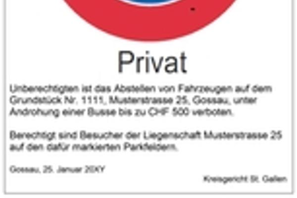 Beispiel Signaltafel für privates Parkverbot