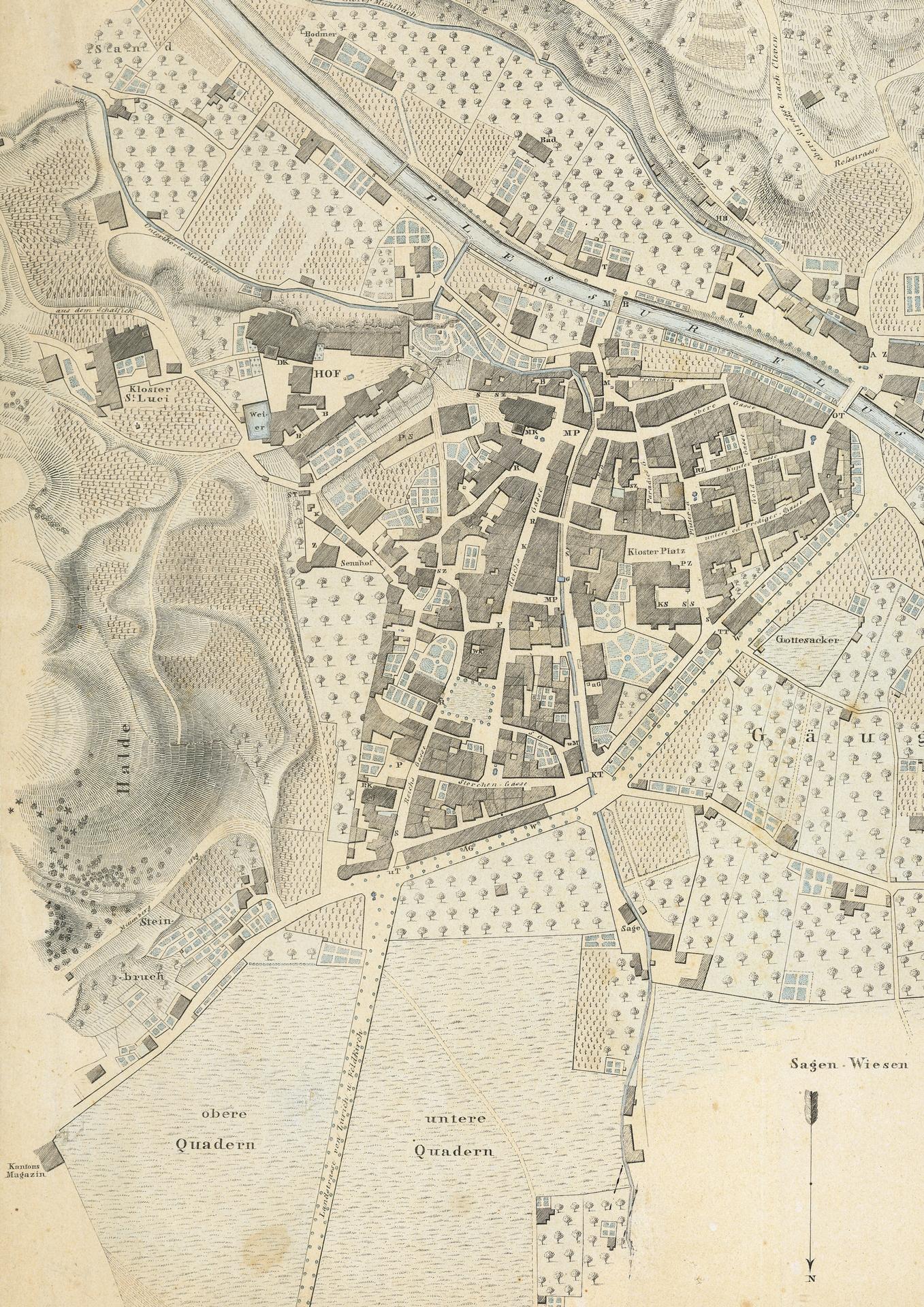 Ausschnitt aus dem
«Plan der Stadt und Umgebung von Chur.
Aufgenommen und gezeichnet von
P. Hemmi Obrigkeitl. Feldmesser 1835».
(StadtAC, E 1231).